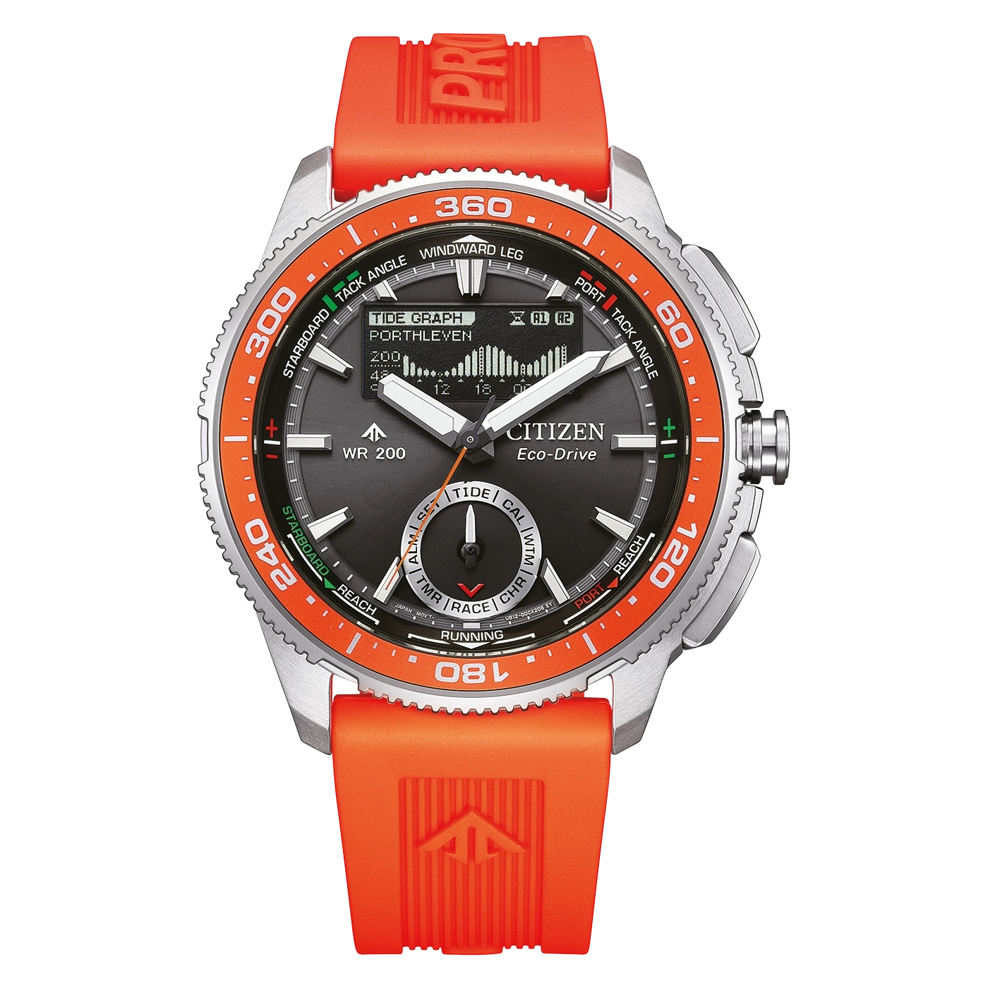 Citizen Eco-Drive Uhr in Orange und Grau mit Kautschukarmband.