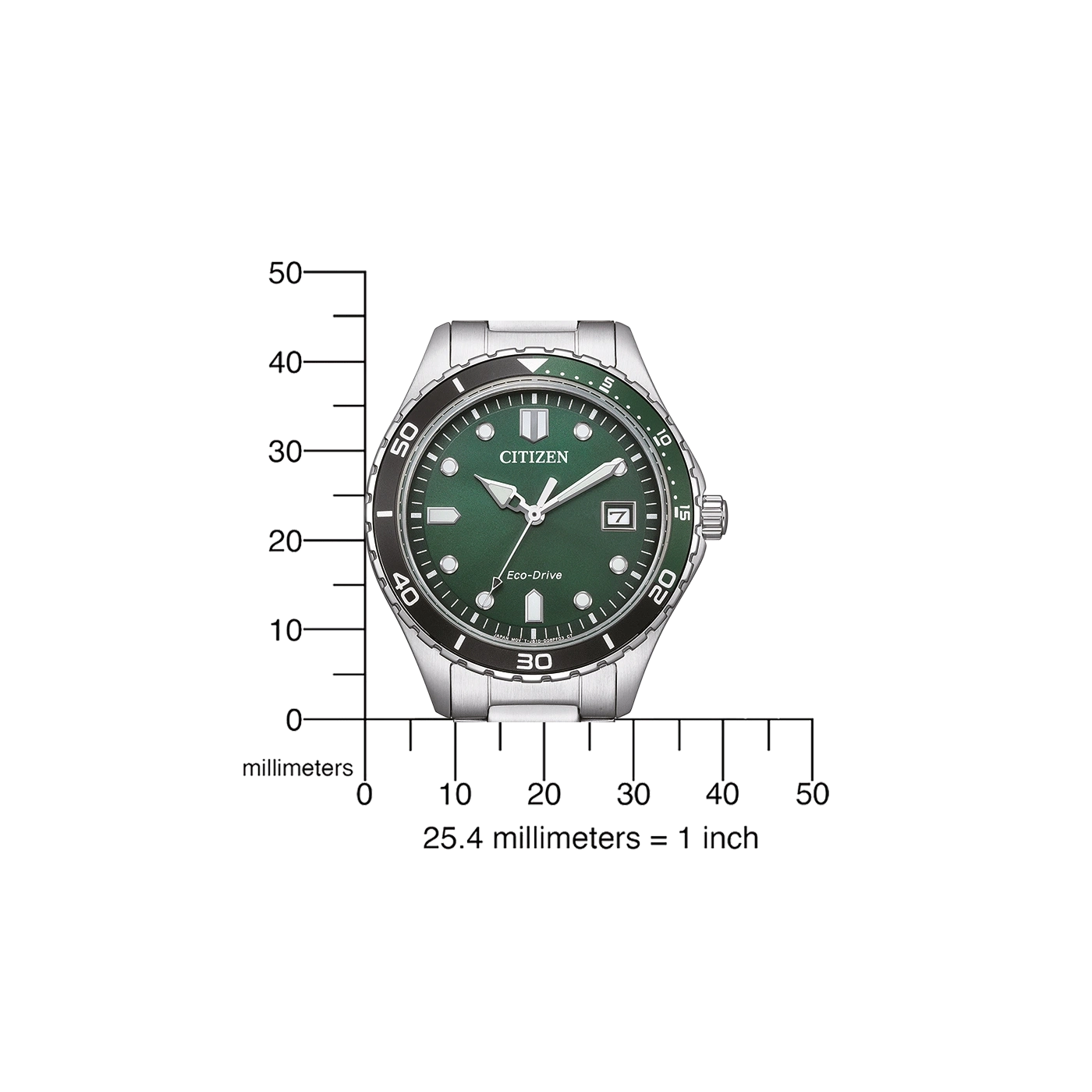Grüne Citizen Eco-Drive Uhr auf einem Millimeterlineal.