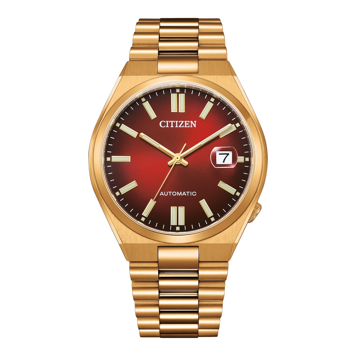 Eine goldene Citizen-Uhr mit rotem Zifferblatt und Metallarmband.