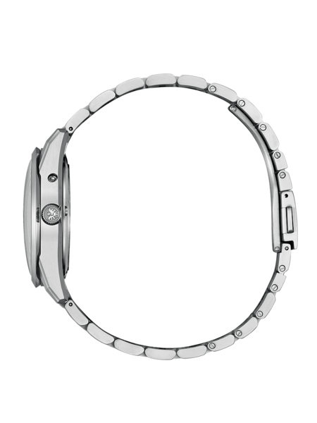 Seitenansicht einer silbernen Armbanduhr mit Metallband auf grünem Hintergrund.