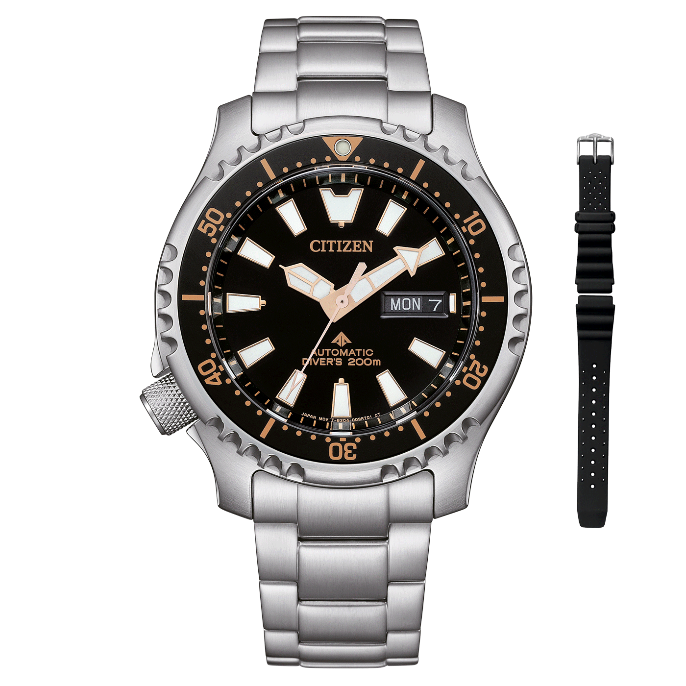 Citizen-Uhr mit schwarzem Zifferblatt, silbernem Armband und schwarzem Kautschukband.