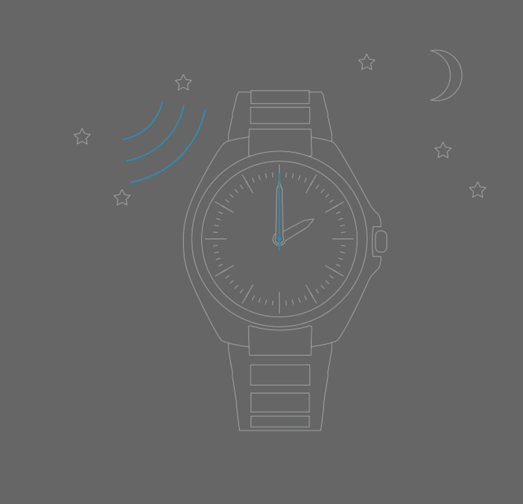 Uhr, die Nachtzeit mit Sternen und Mond zeigt, und Schallwellen.