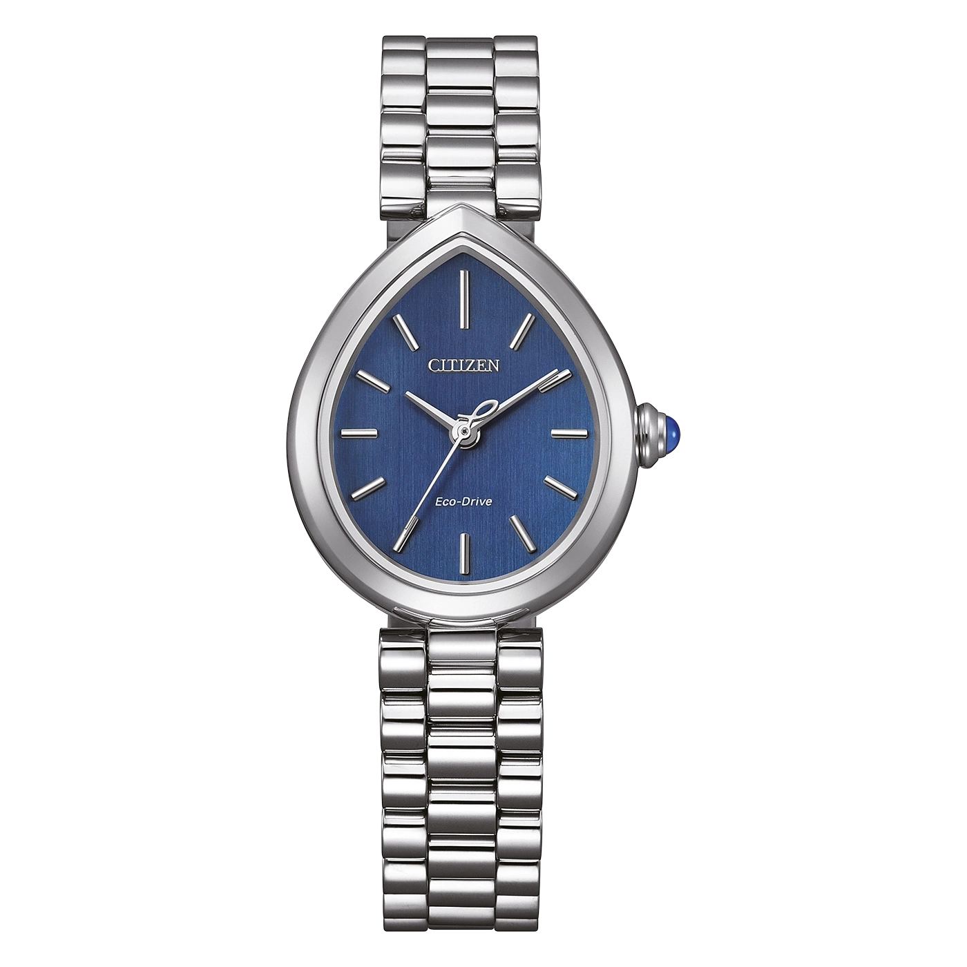 Citizen Damenuhr mit blauem Zifferblatt und silbernem Armband.