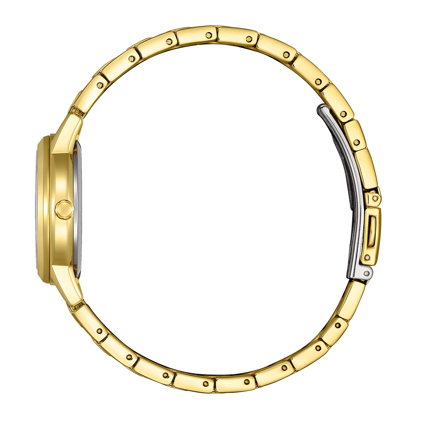Goldene Armbanduhr, Seitenansicht, geschlossenes Armband auf weißem Hintergrund.