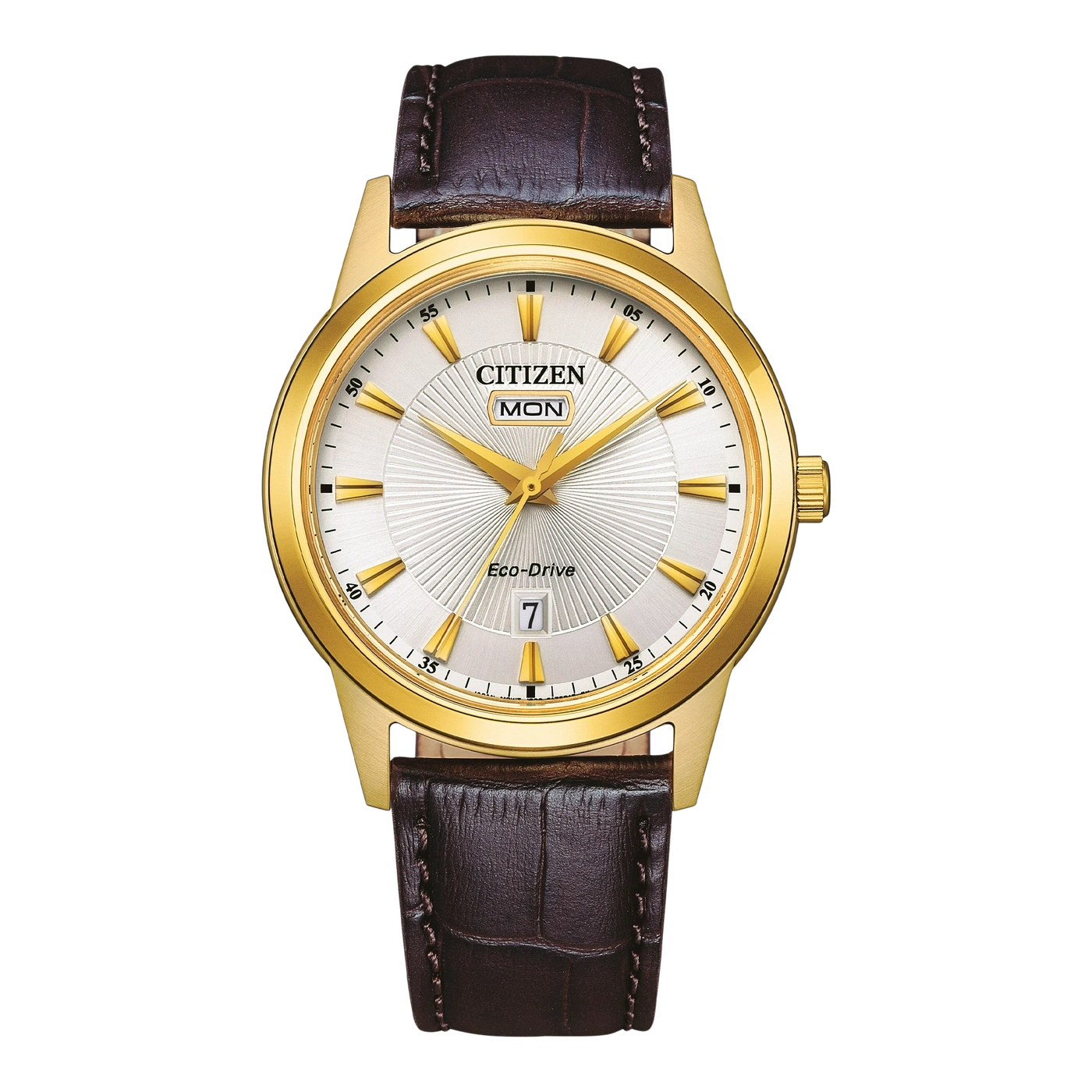 Eine goldene Citizen-Uhr mit braunem Lederarmband.