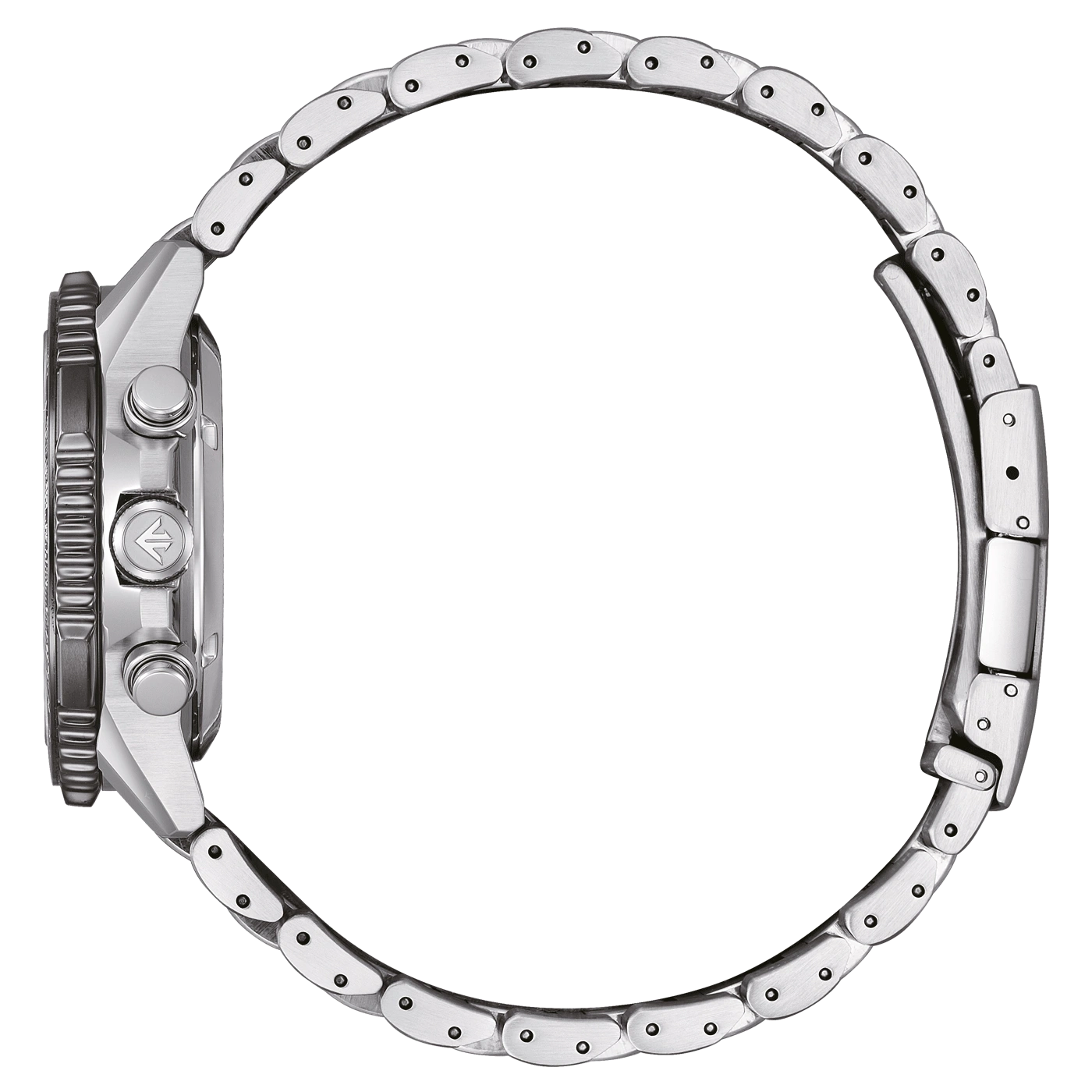 Silbernes Armbanduhr mit seitlichem Logo.