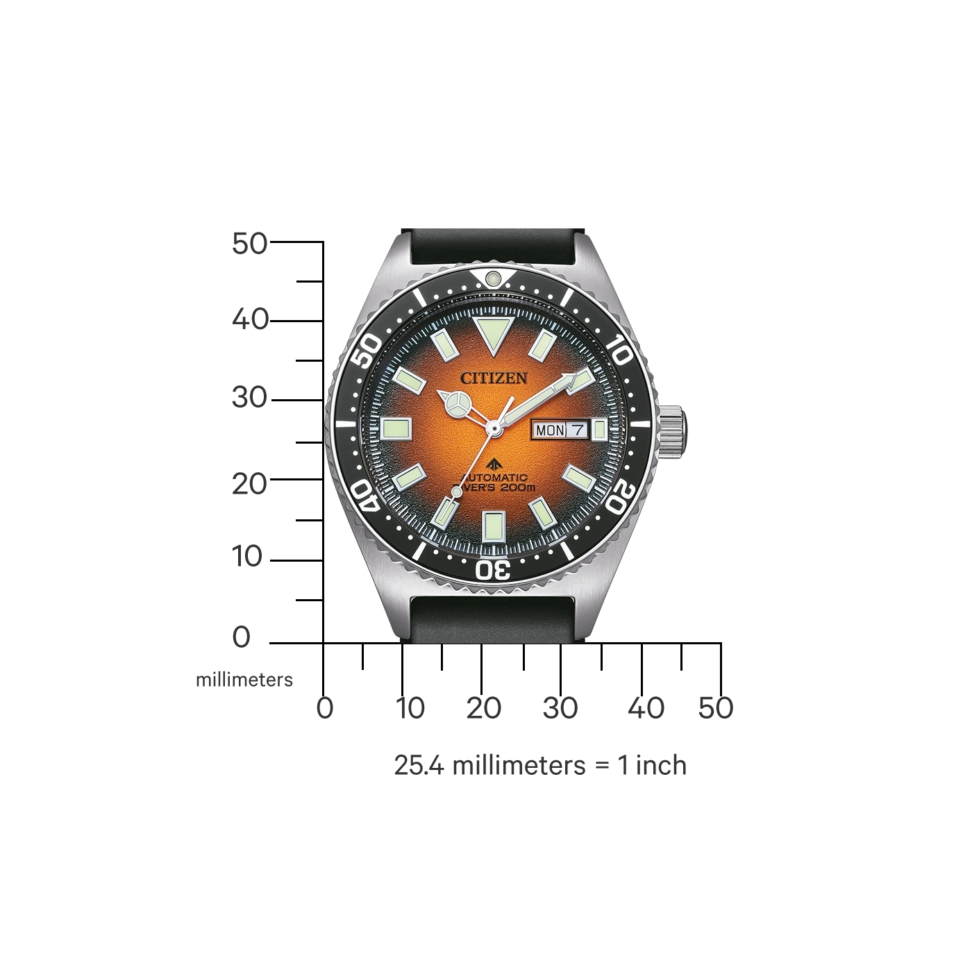 Citizen Automatik-Uhr mit orange-schwarzem Zifferblatt und Stoffarmband.