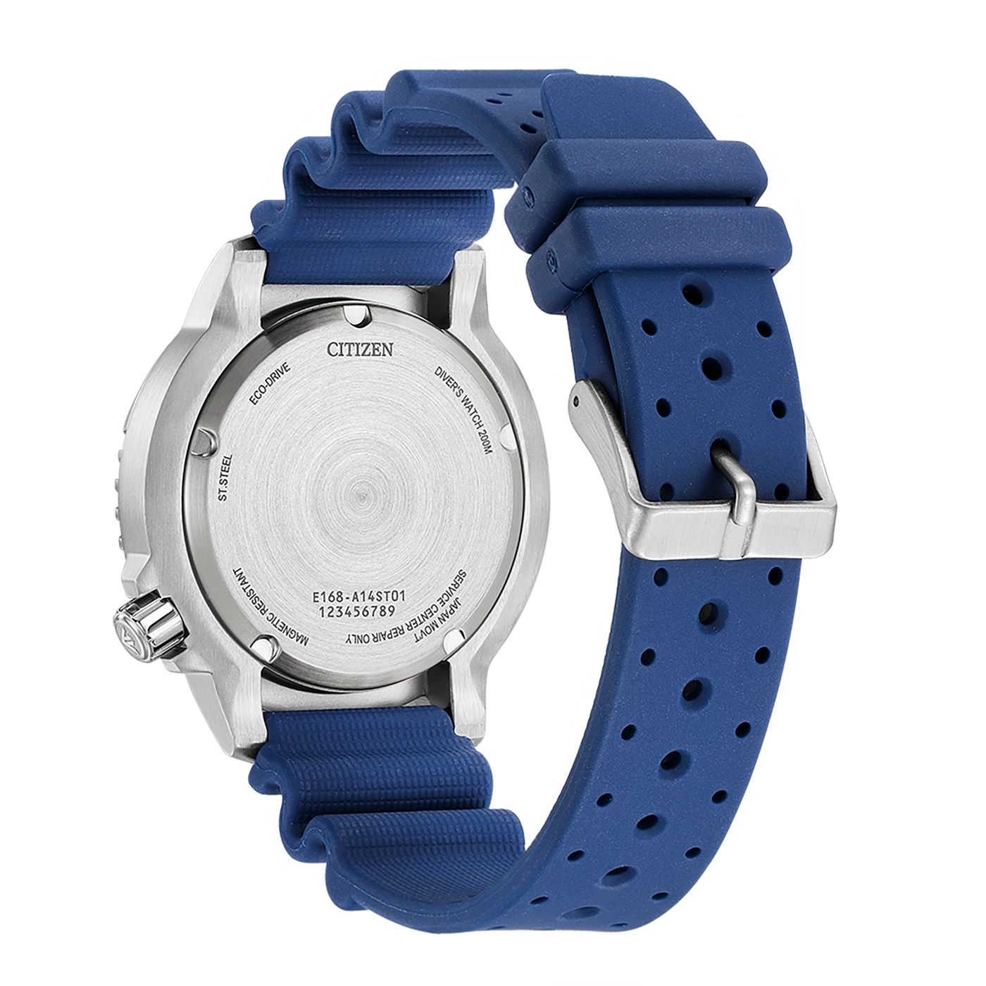 Gros plan d'un bracelet de montre Citizen bleu sur fond noir.