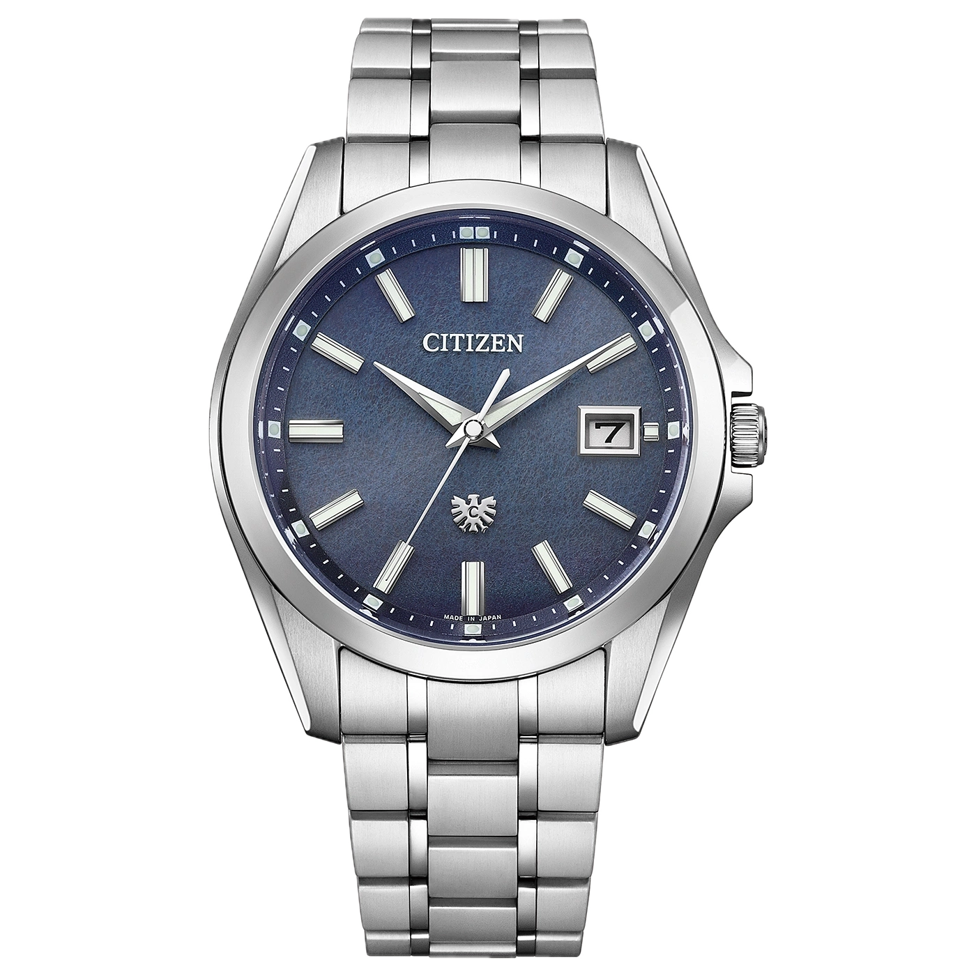 Silberne Citizen-Uhr mit blauem Zifferblatt, Metallarmband und Datum.