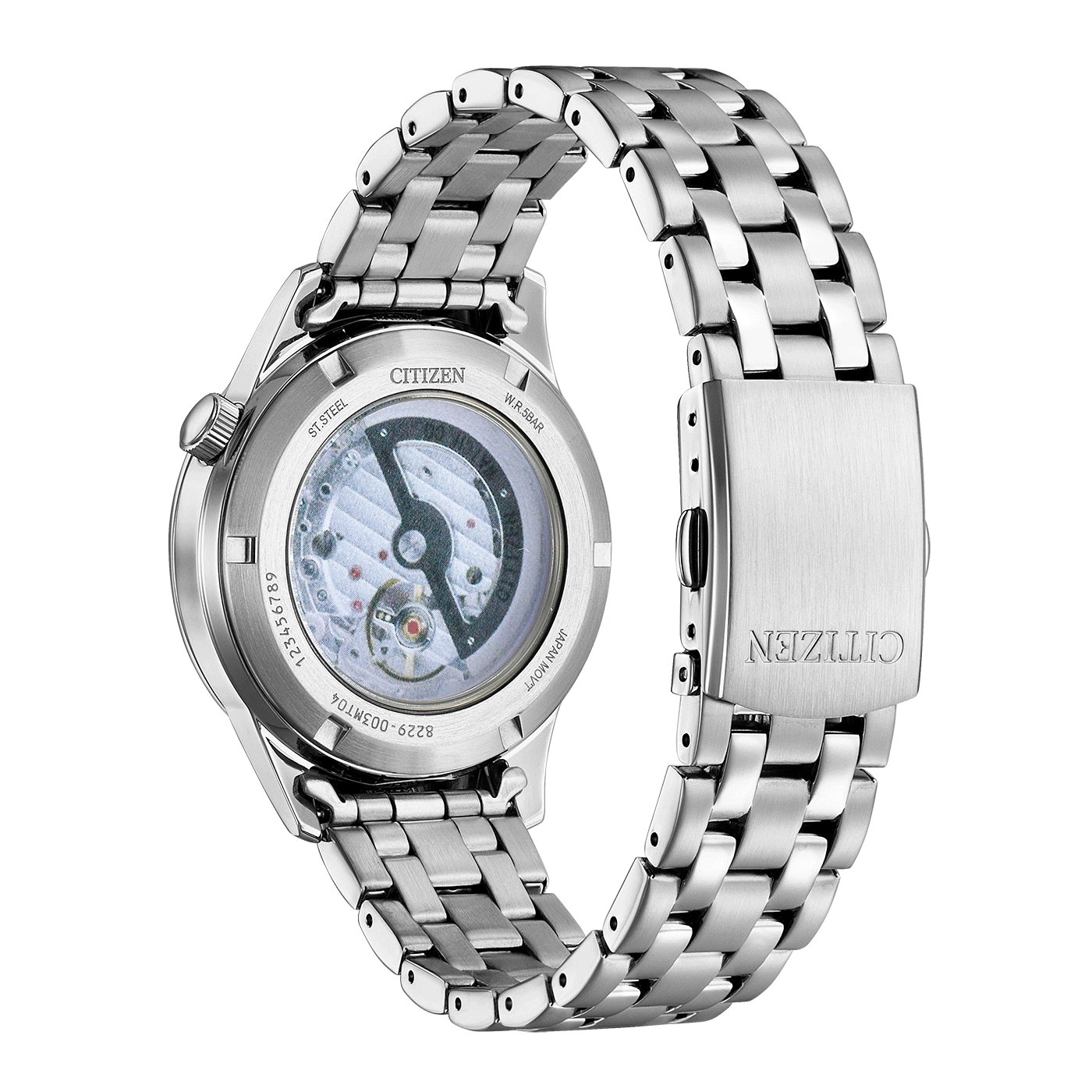 Montre bracelet en acier inoxydable Citizen avec fond transparent et mouvement visible.