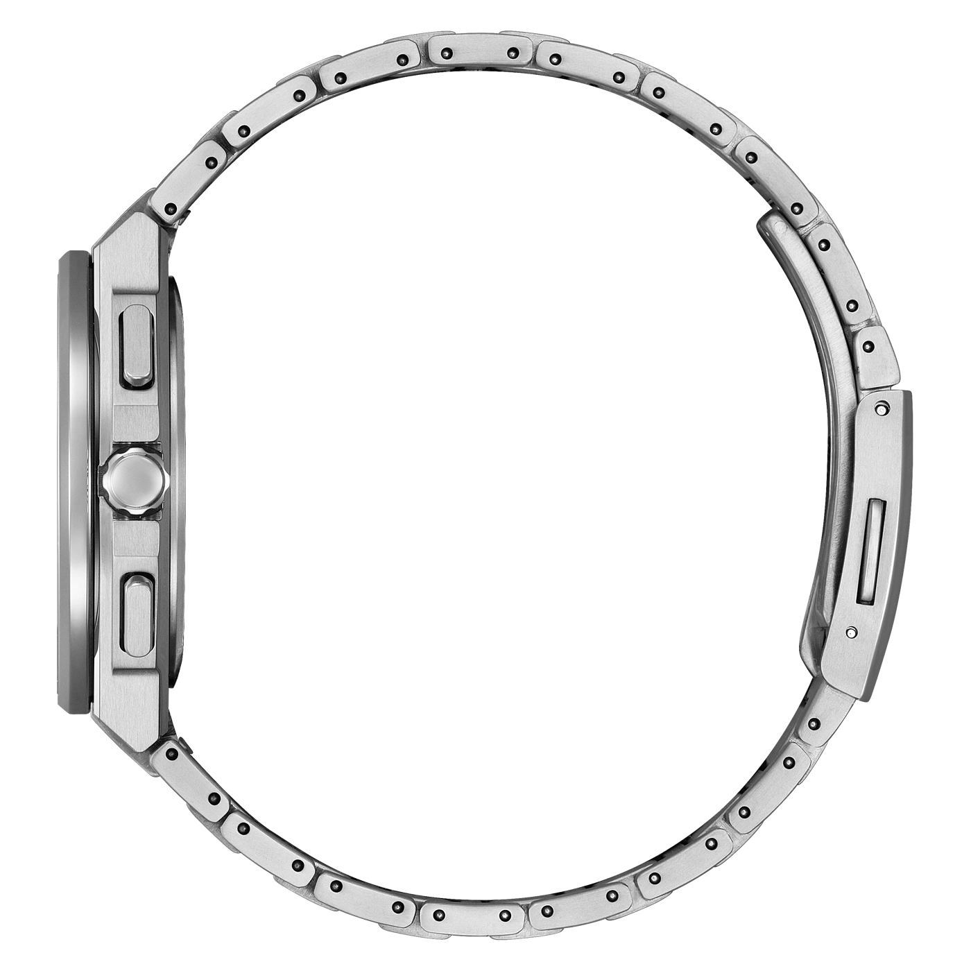 Silbernes Armbanduhr von der Seite auf weißem Hintergrund