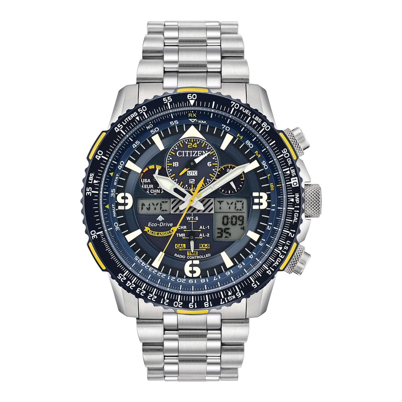 Eine Citizen-Uhr mit silbernem Armband und blauem Zifferblatt.