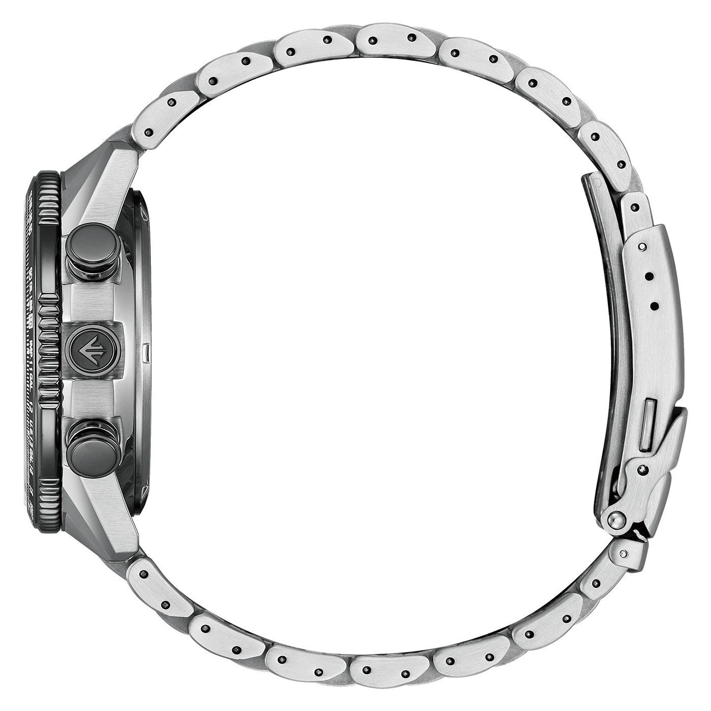Vue latérale d'une montre-bracelet argentée avec cadran et bracelet noirs.