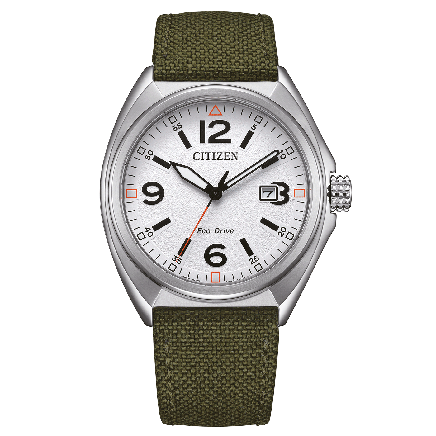 Montre Citizen avec cadran blanc, chiffres noirs et bracelet vert.