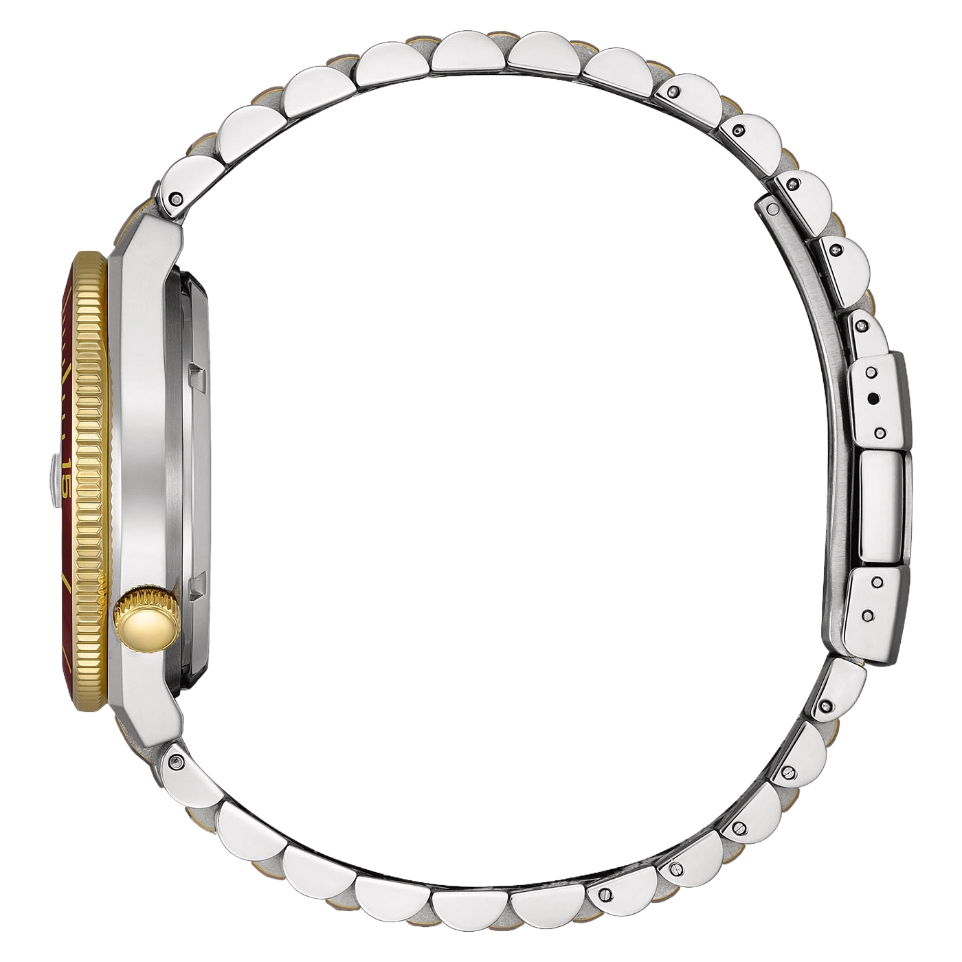 Nahaufnahme eines silbernen und goldenen Uhrenarmbands mit einer roten und goldenen Lünette.