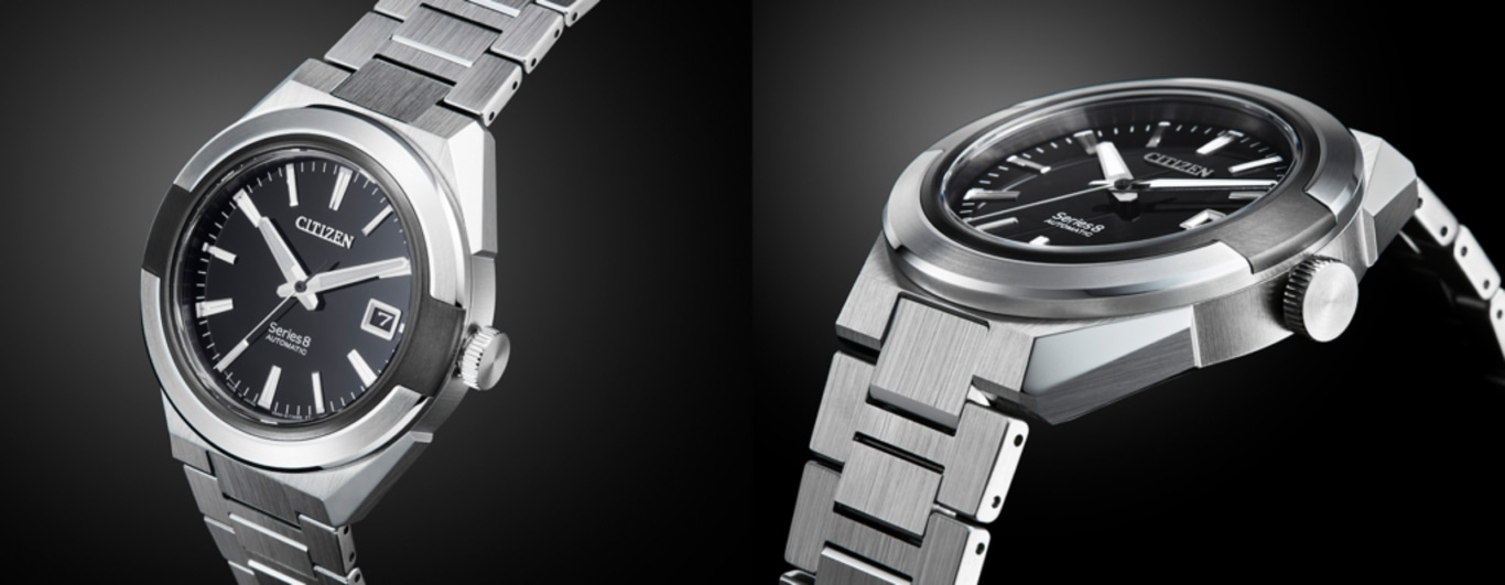 Citizen Series 8 Automatikuhr mit schwarzem Zifferblatt und Stahlarmband.