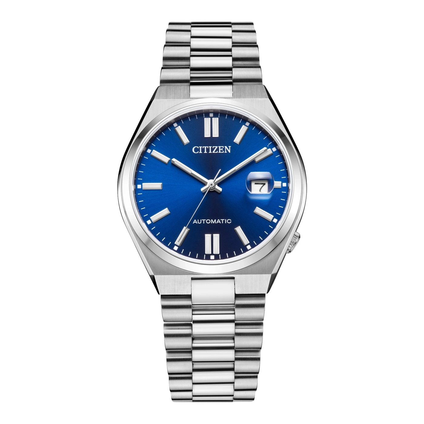 Herrenuhr von Citizen mit blauem Zifferblatt und silbernem Armband.