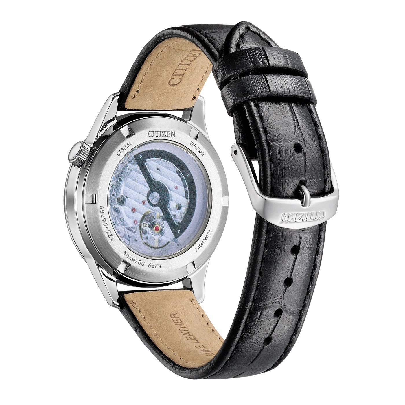 Montre Citizen à fond transparent avec bracelet en cuir noir
