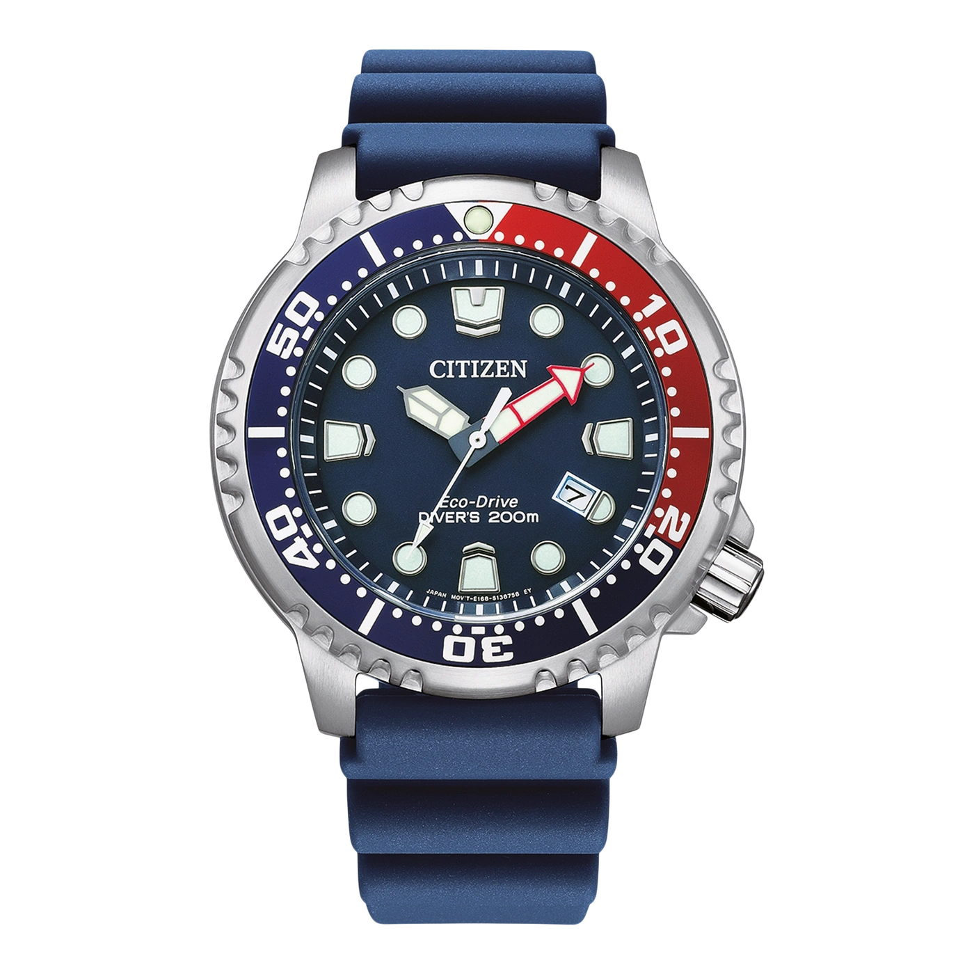 Citizen Eco-Drive Taucheruhr mit blauem Armband und zweifarbiger Lünette.