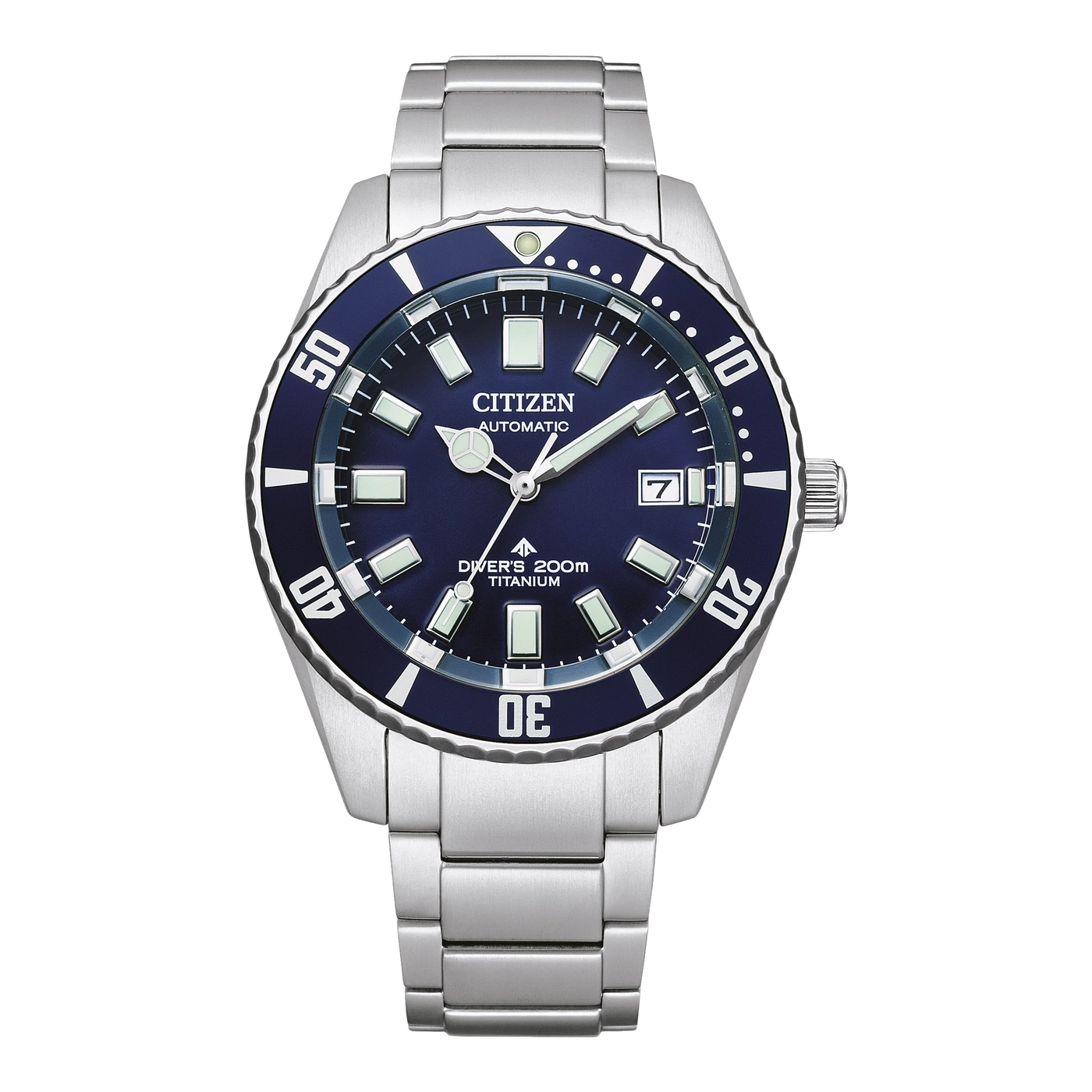 Citizen Herren-Taucheruhr mit blauem Zifferblatt und silbernem Armband.