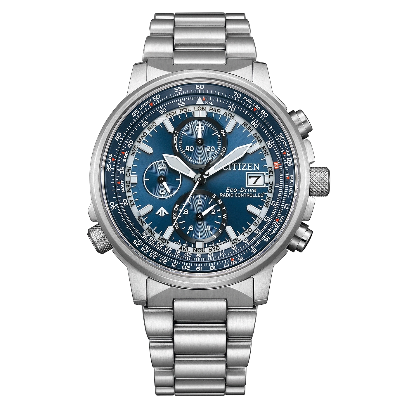 Eine Citizen Eco-Drive Funkarmbanduhr mit einem silbernen Armband.