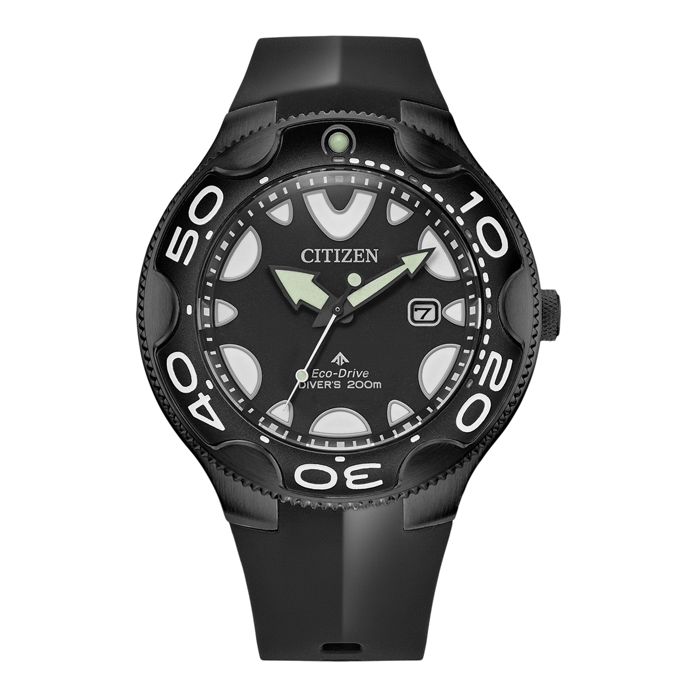Schwarze Citizen Eco-Drive Taucheruhr mit Kautschukarmband.