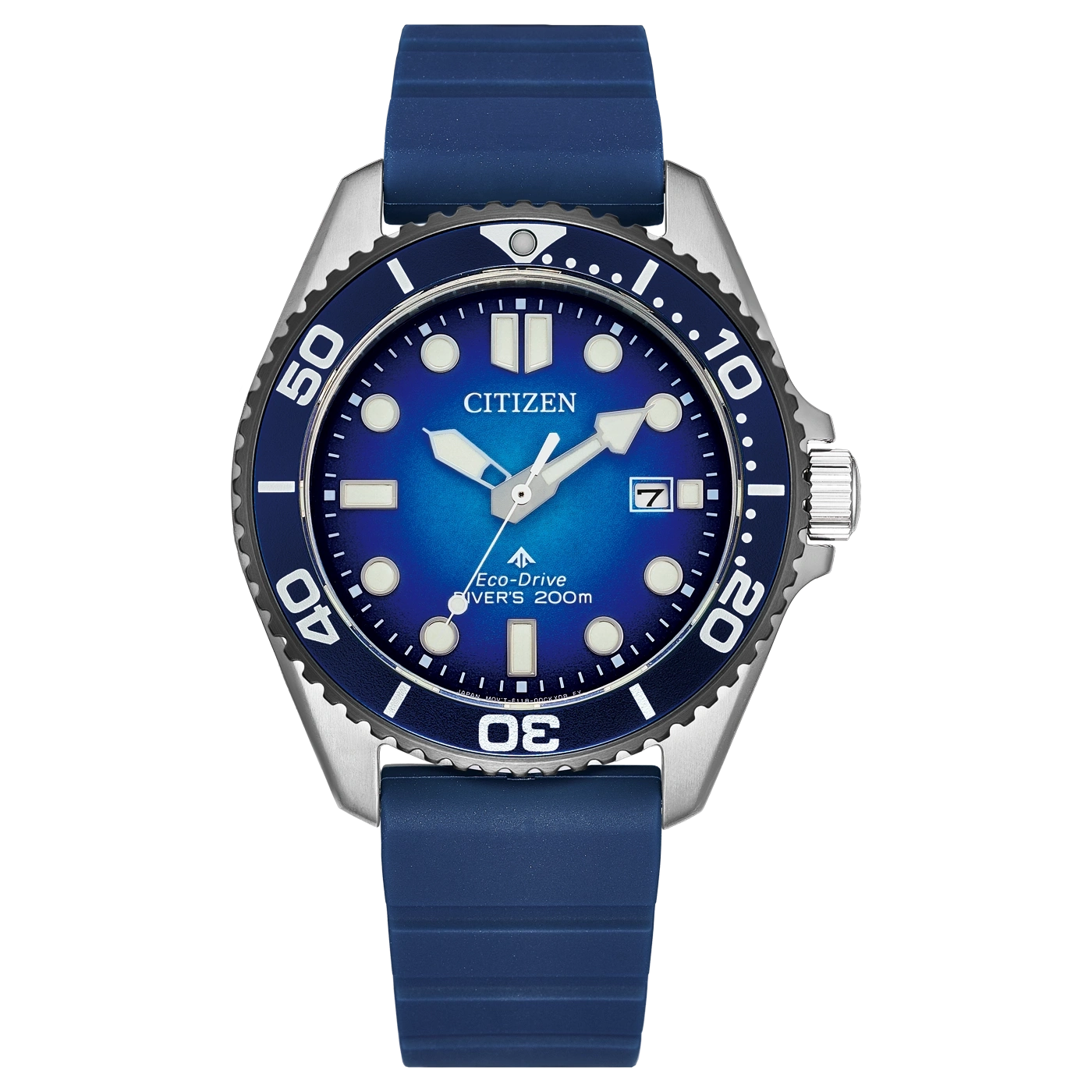 Montre Citizen bleue avec bracelet en caoutchouc bleu et lunette tournante.