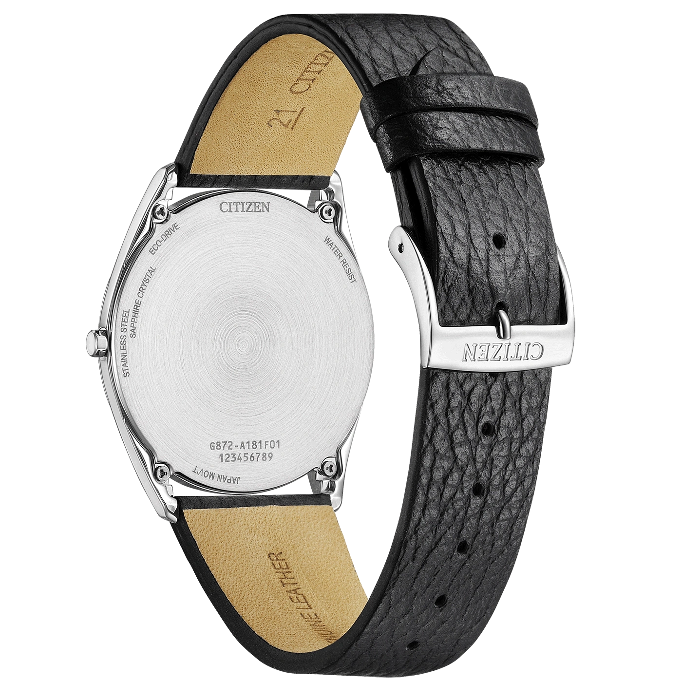 Dos de montre Citizen en cuir noir avec boucle et gravures.