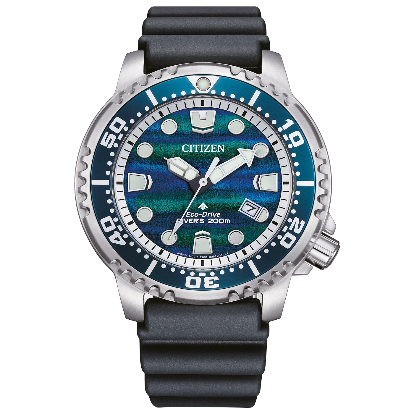Eine Citizen Eco-Drive Taucheruhr mit strukturiertem blau-grünem Zifferblatt.