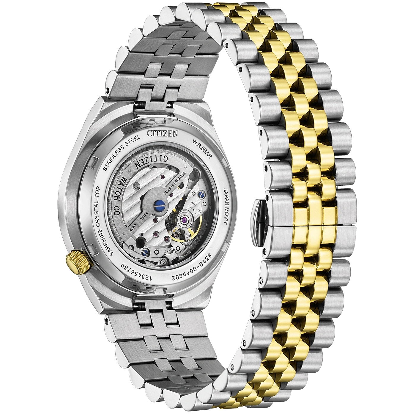 Montre Citizen avec bracelet bicolore or et argent et mouvement apparent.