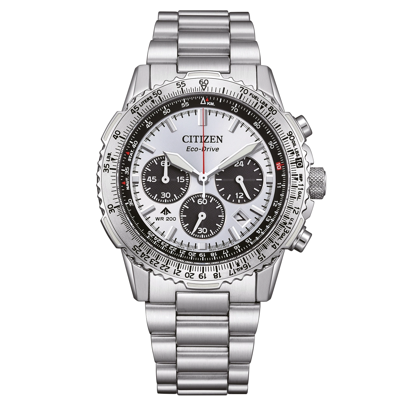 Silberne Citizen Eco-Drive Uhr mit Chronograph und Metallarmband.