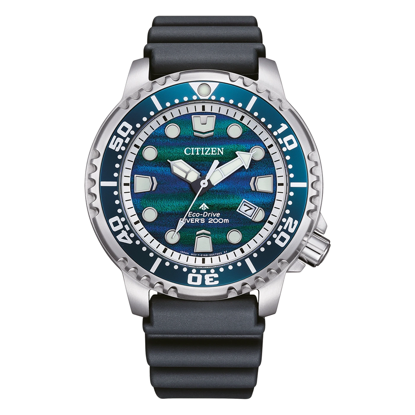 Eine Citizen Eco-Drive Taucheruhr 200m mit blau-grünem Zifferblatt.