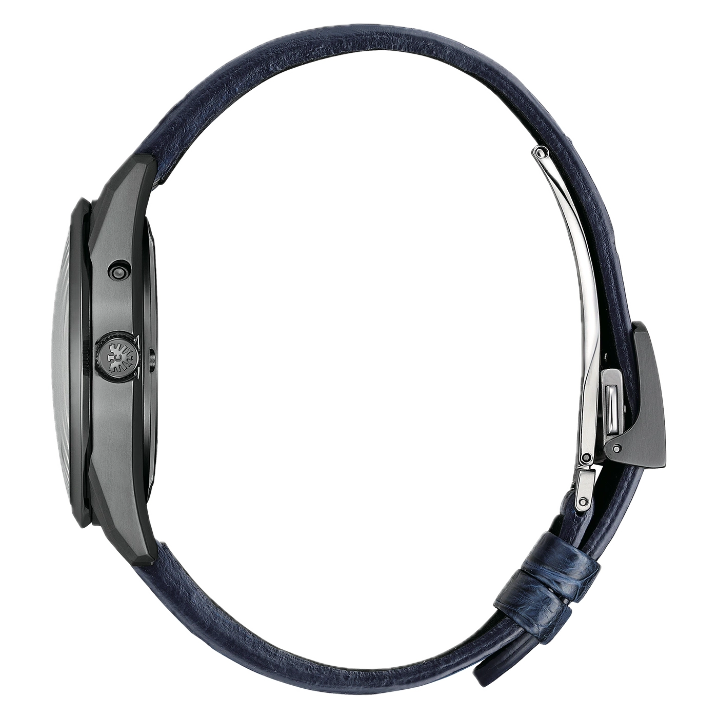 Nahaufnahme der Schnalle und des blauen Lederarmbands einer Uhr.