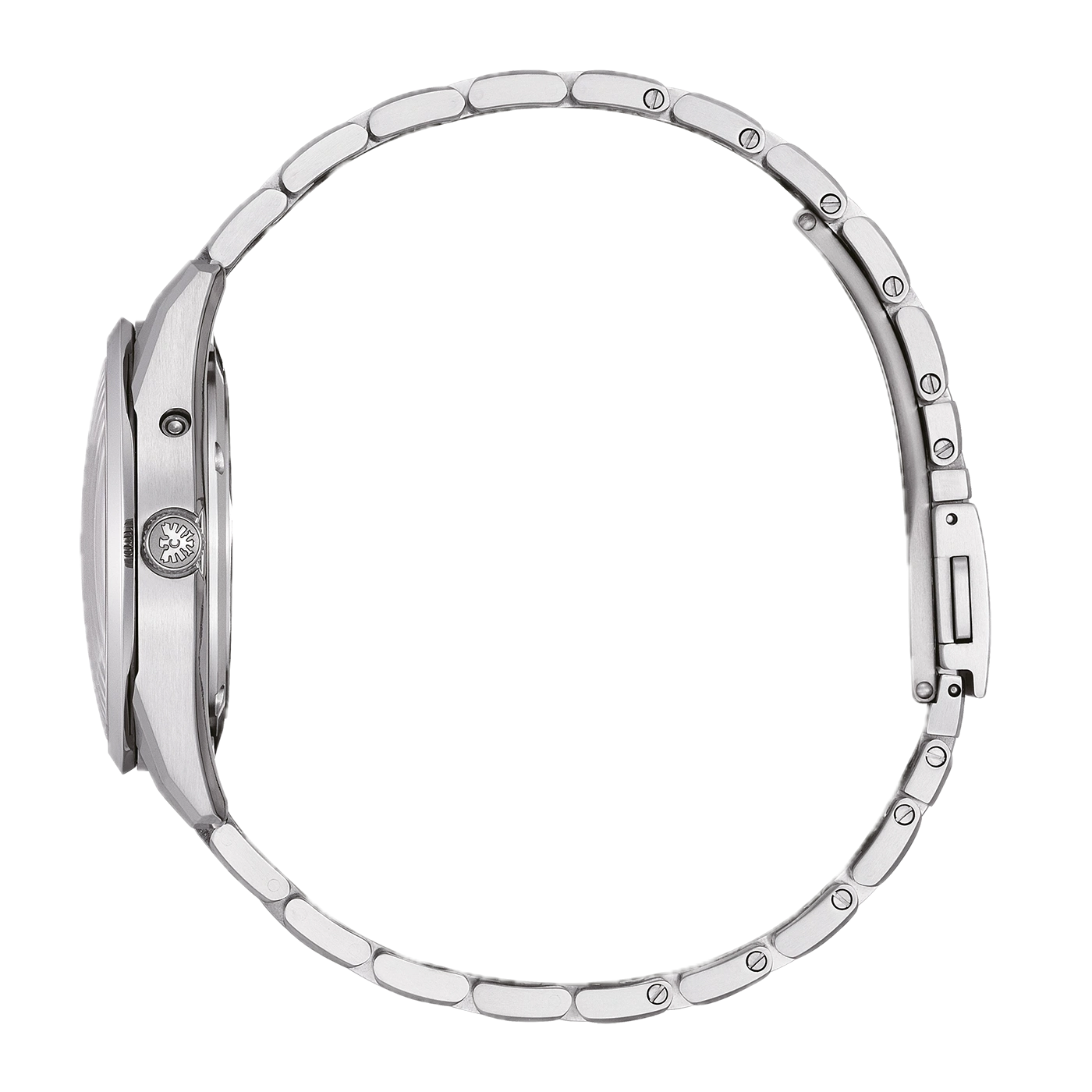Armbanduhr aus Silber, Seitenansicht, Gliederarmband