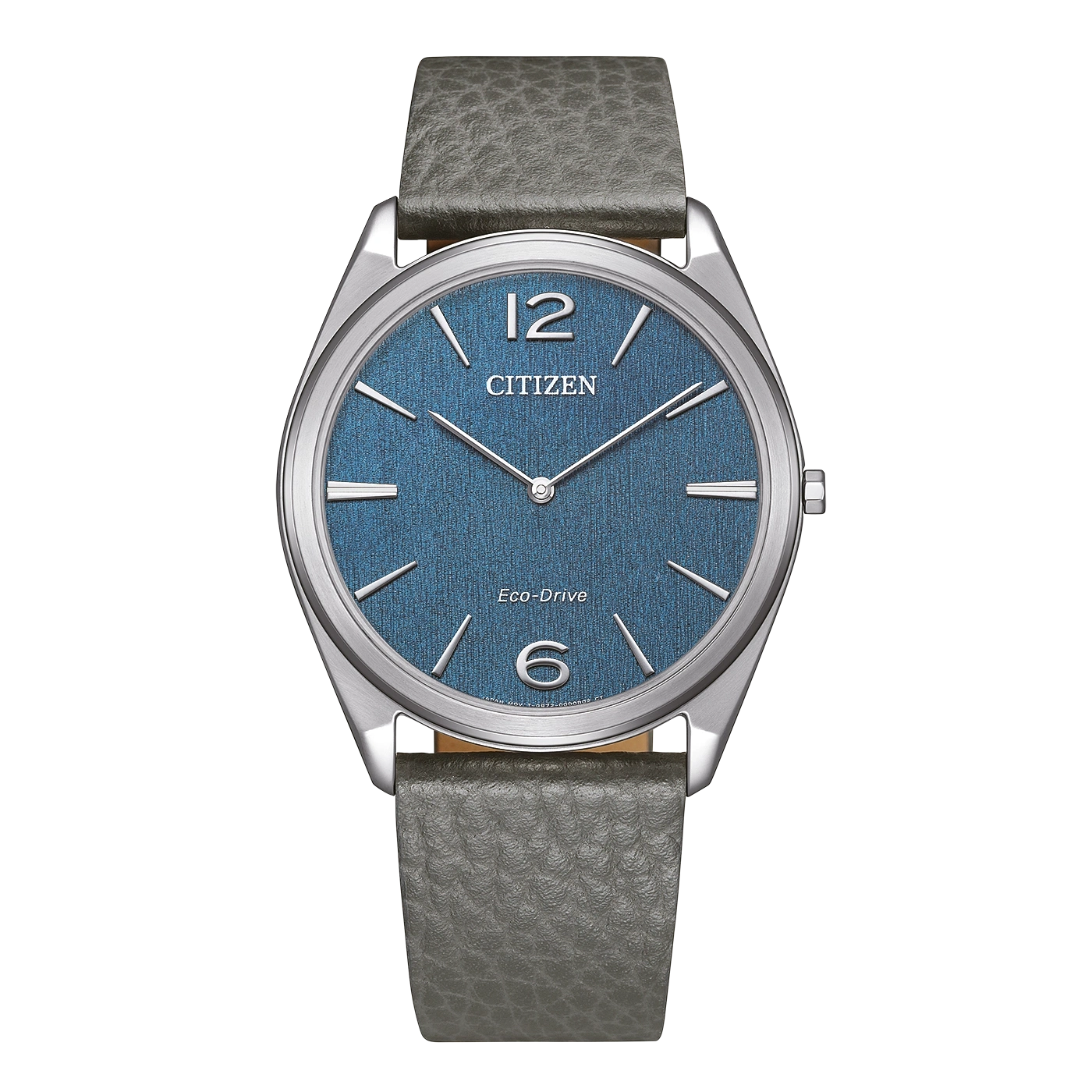 Citizen Uhr mit strukturiertem blauem Zifferblatt und grauem Lederarmband.