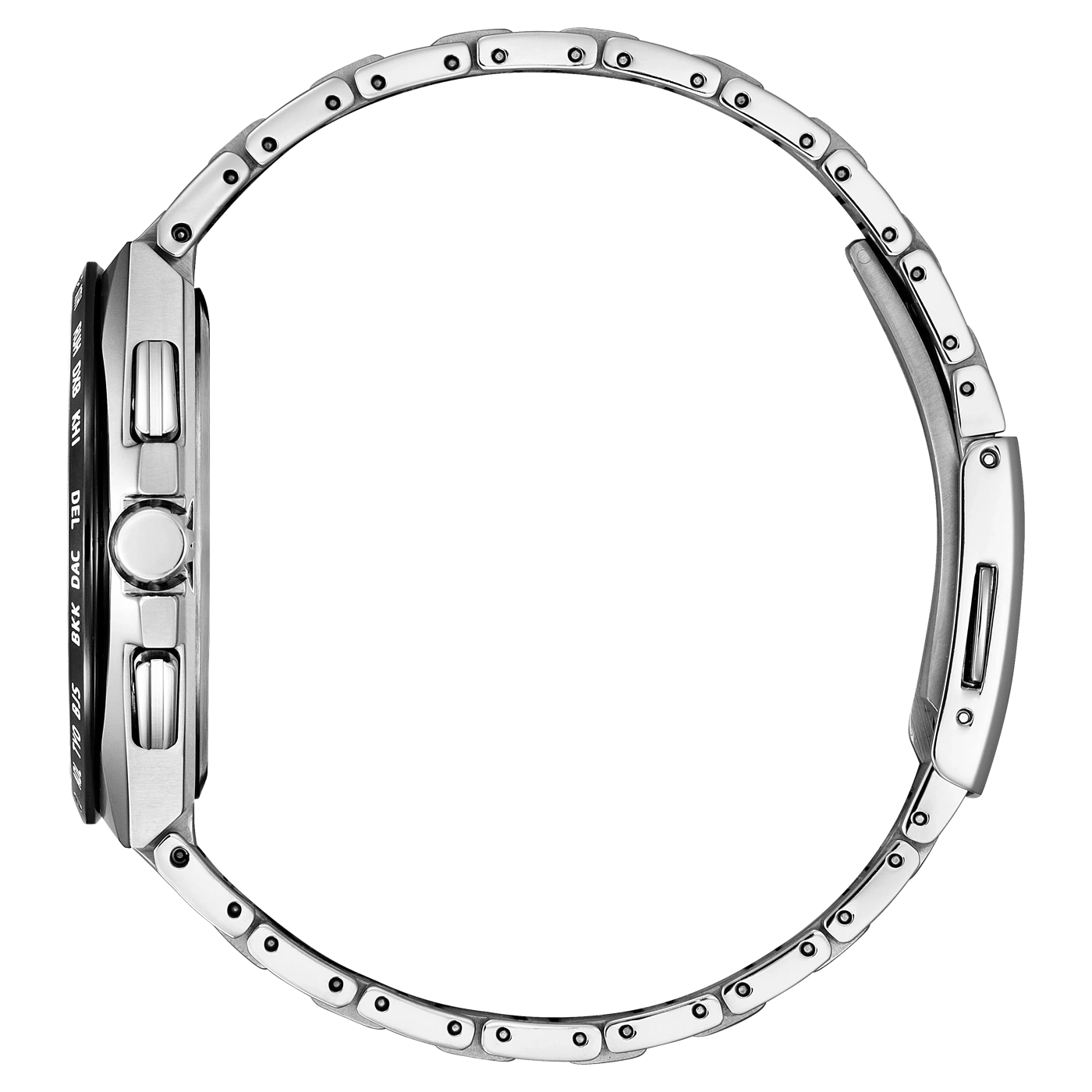 Seitenansicht einer silbernen Metallarmbanduhr