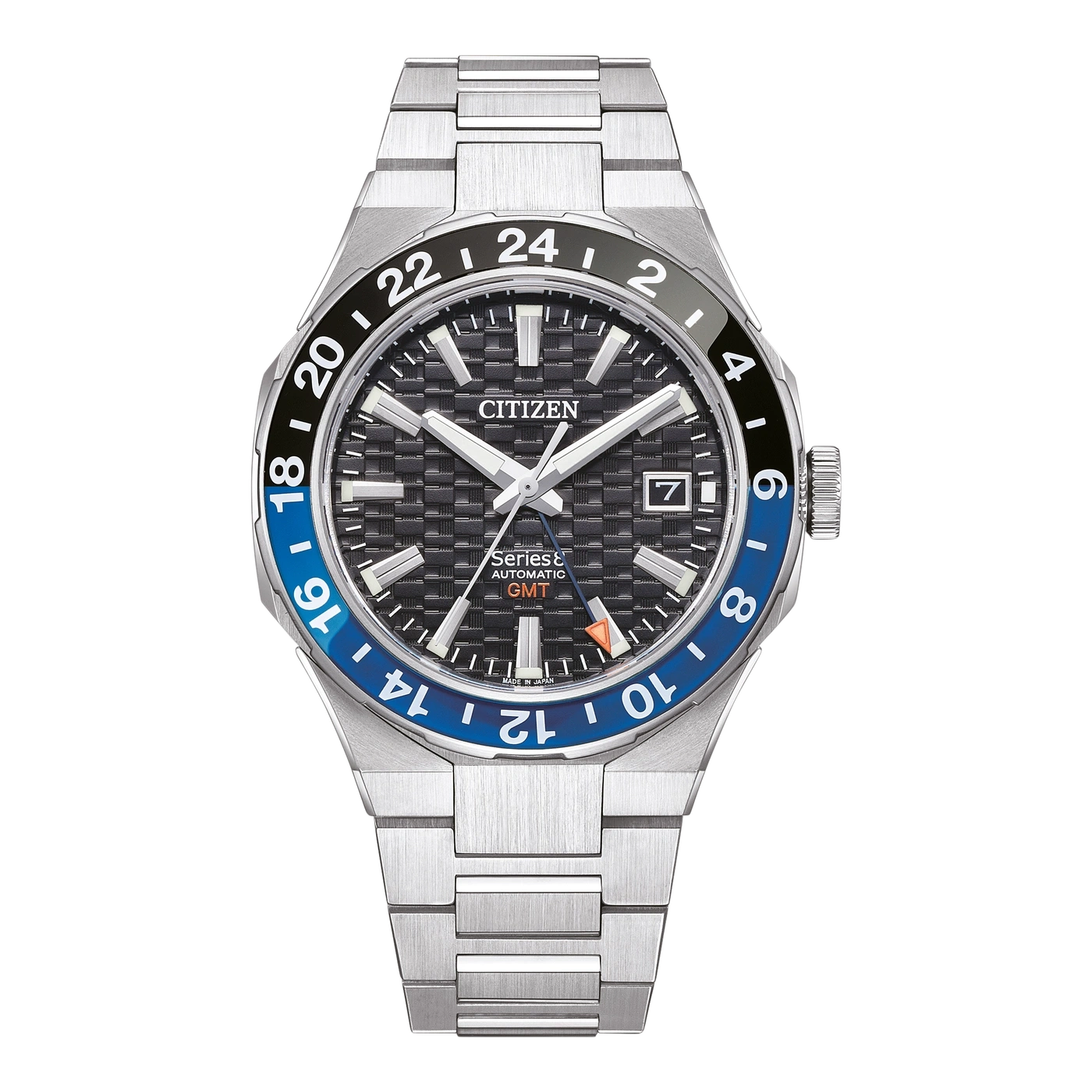 Citizen Automatik GMT Uhr mit texturiertem schwarzem Zifferblatt und zweifarbiger schwarz-blauer Lünette.