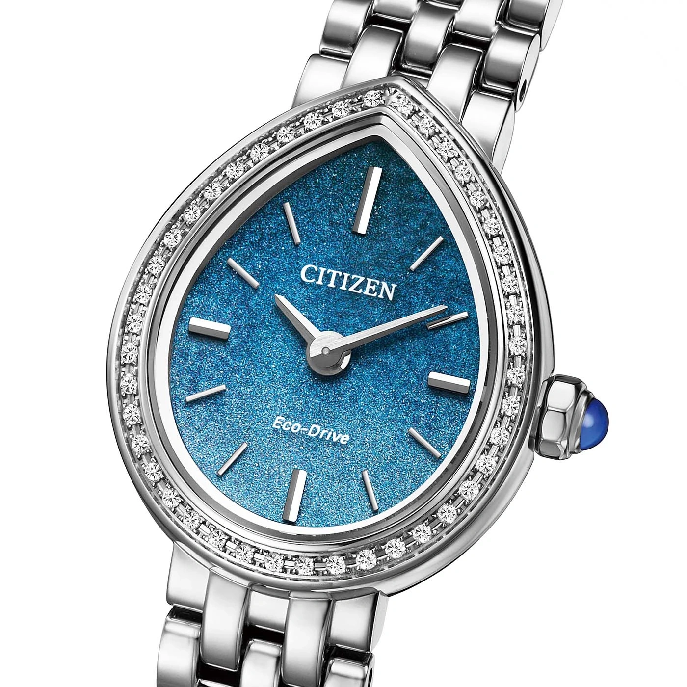 Citizen Eco-Drive Damenuhr in Tropfenform mit Diamantlünette und funkelndem blauem Zifferblatt.