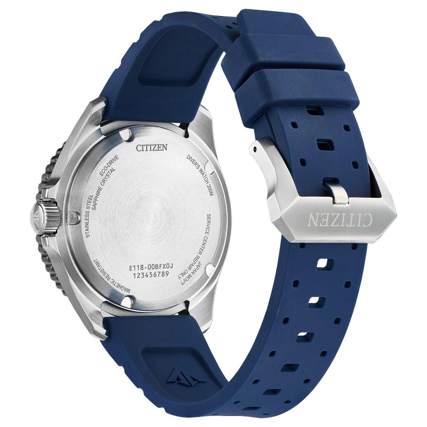 Fond de montre Citizen en acier inoxydable avec bracelet bleu.