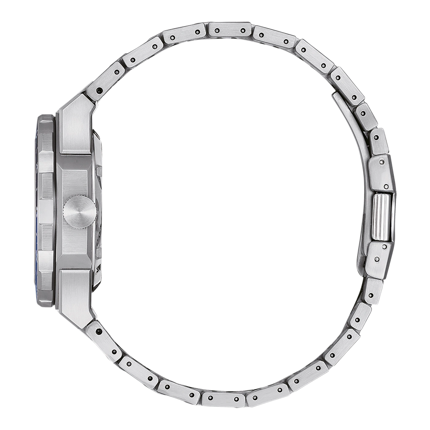 Seitenansicht einer Edelstahl-Armbanduhr