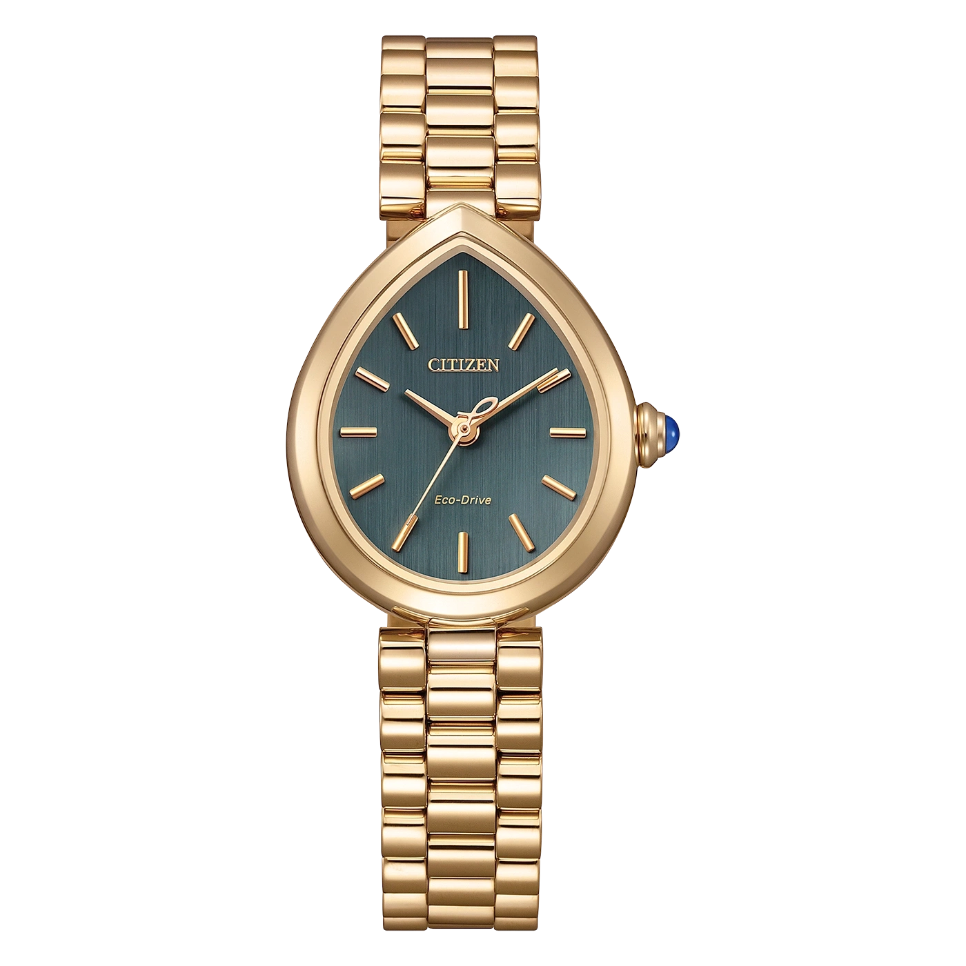 Eine stilvolle Citizen-Uhr in Gold mit grünem Zifferblatt und passendem Armband.
