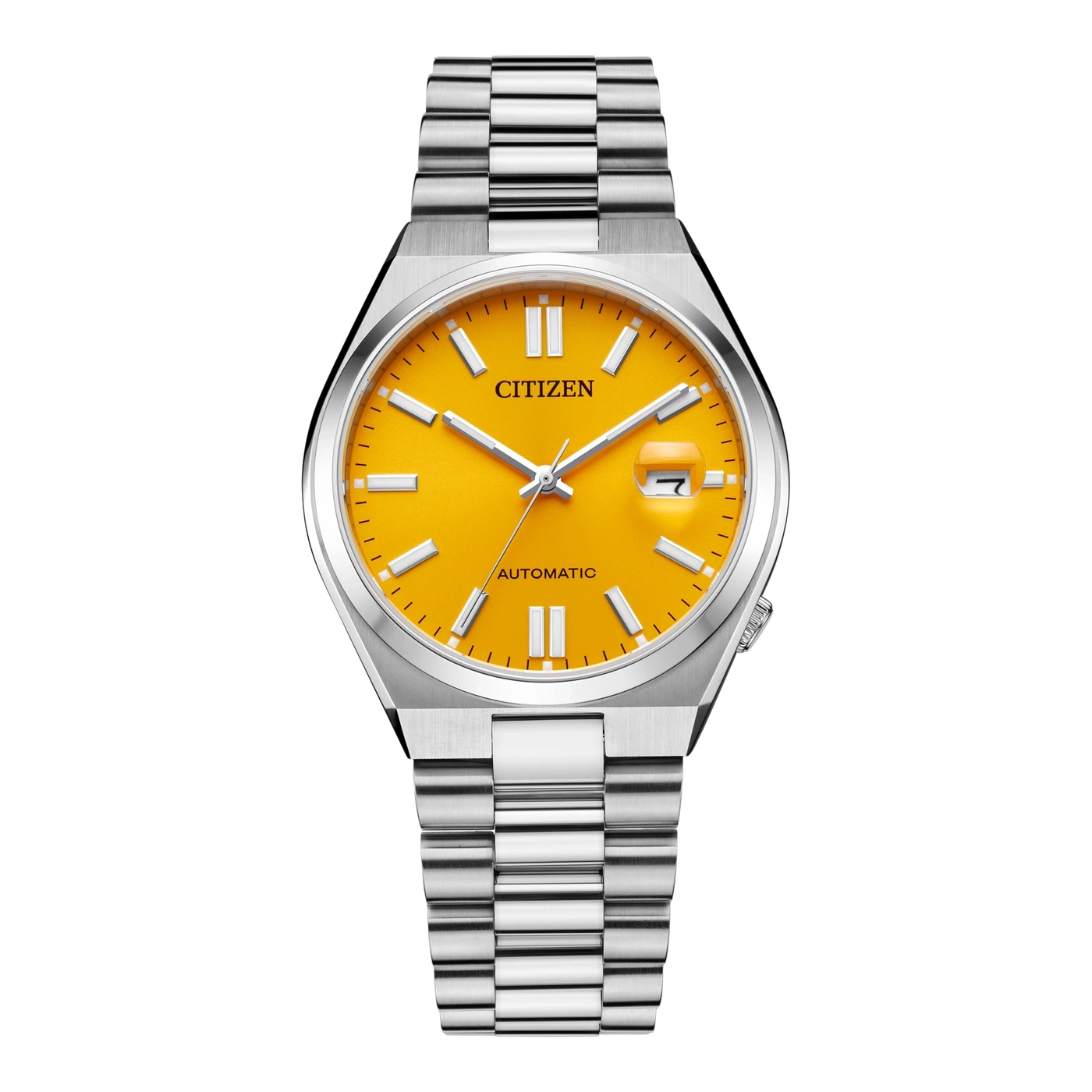 Citizen Automatik-Uhr mit leuchtend gelbem Zifferblatt und silbernem Armband.