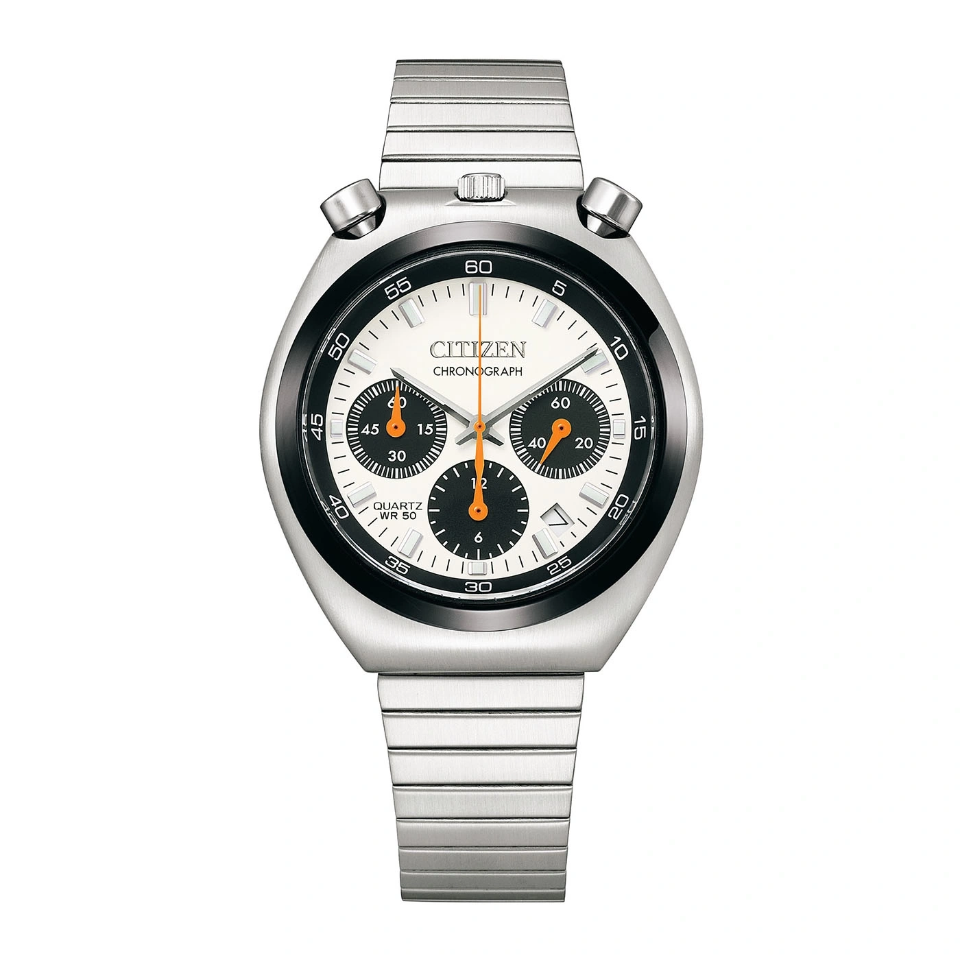 Silberne Citizen Chronograph-Uhr mit weißem und schwarzem Zifferblatt