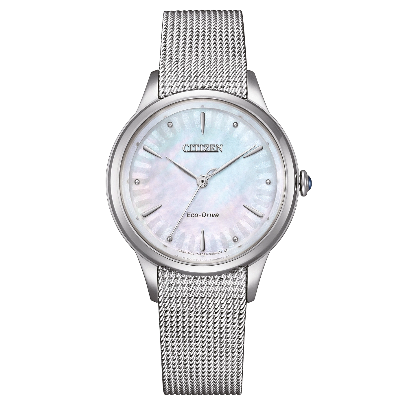 Montre Citizen Eco-Drive à bracelet en maille argentée et cadran nacré blanc.