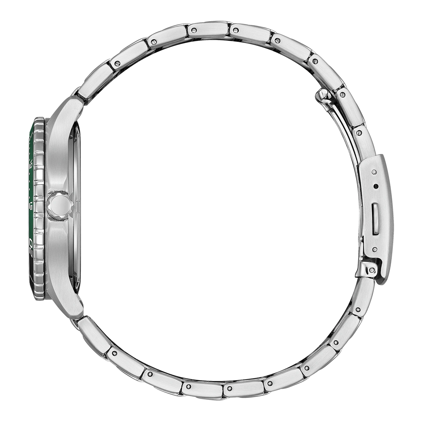 Nahaufnahme einer silbernen Armbanduhr von der Seite