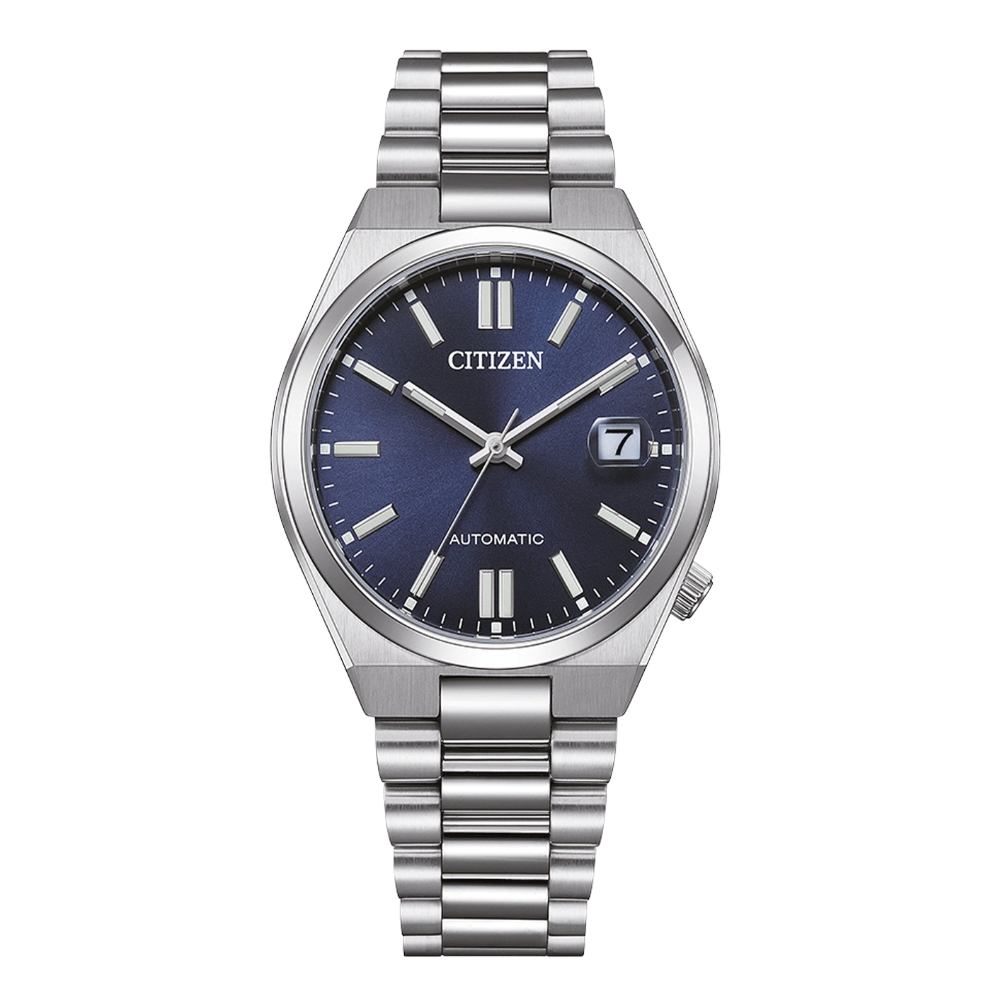 Citizen Automatikuhr mit blauem Zifferblatt und Metallarmband.