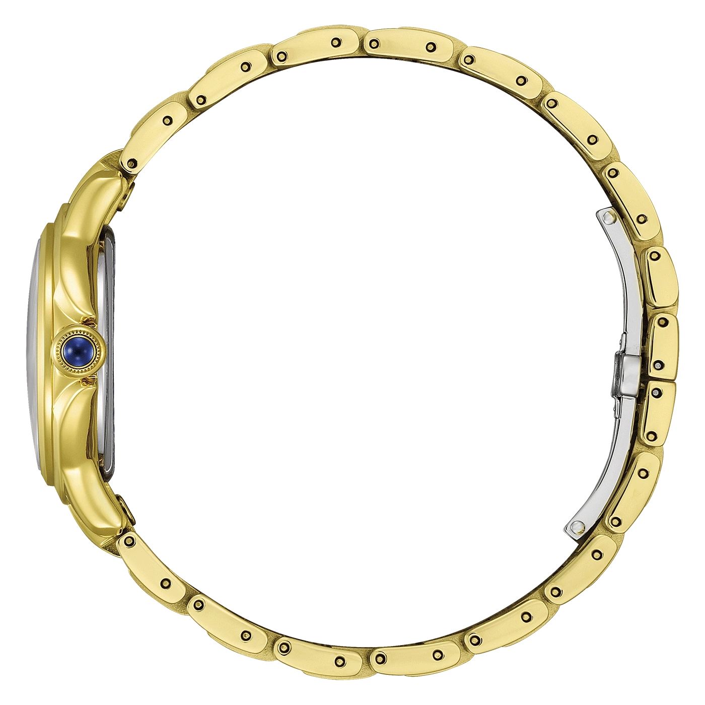 Une montre bracelet dorée avec fermoir argenté et pierre bleue.