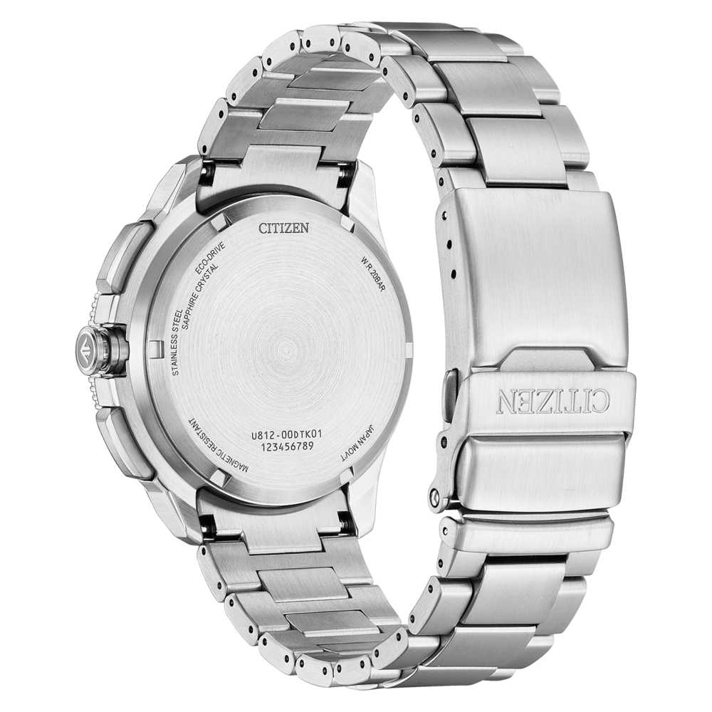 Vue arrière d'une montre Citizen en acier inoxydable avec Eco-Drive.