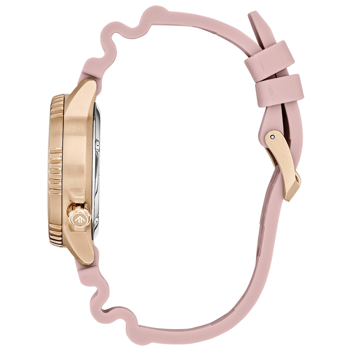 Rosafarbene Uhr mit gewelltem Silikonarmband und goldenem Verschluss.