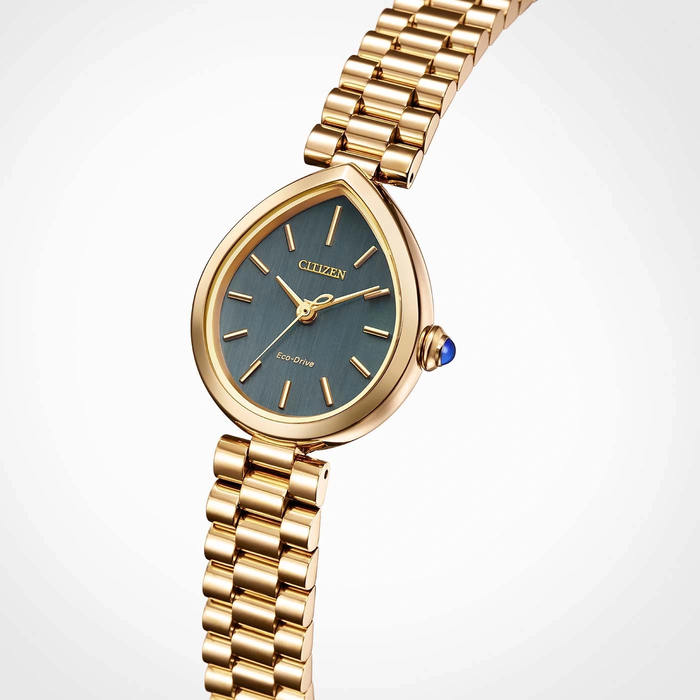 Eine goldene Citizen Eco-Drive Armbanduhr mit einem blaugrünen Zifferblatt.